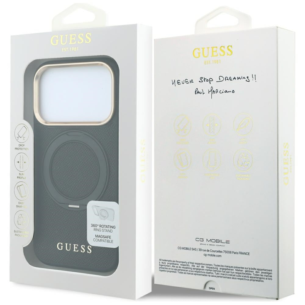 MagSafe ovitek za Apple iPhone 18 Pro / 17 Pro, Guess, Grained Ring Stand 360 Classic, črn