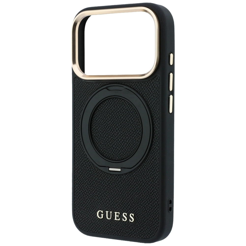 MagSafe ovitek za Apple iPhone 18 Pro / 17 Pro, Guess, Grained Ring Stand 360 Classic, črn
