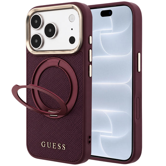 MagSafe ovitek za Apple iPhone 18 Pro / 17 Pro, Guess, Grained Ring Stand 360 Classic, bordo