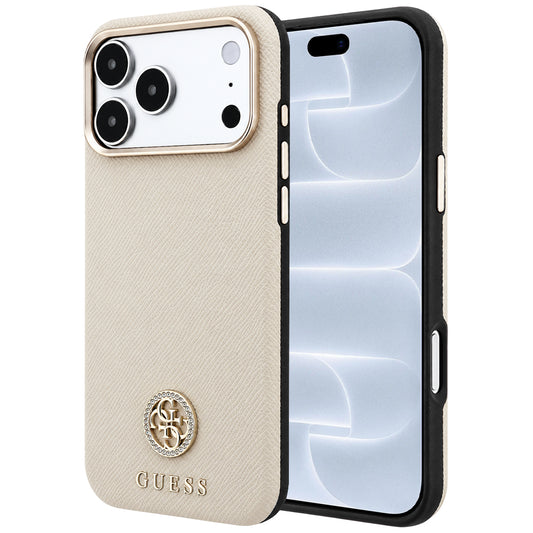 MagSafe ovitek za Apple iPhone 18 Pro / 17 Pro, Guess, zrnast okrogel logotip iz strass kamnov, bež