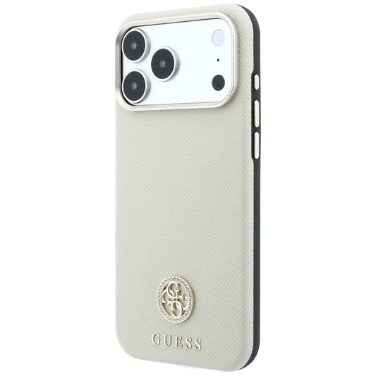 MagSafe ovitek za Apple iPhone 18 Pro / 17 Pro, Guess, zrnast okrogel logotip iz strass kamnov, bež