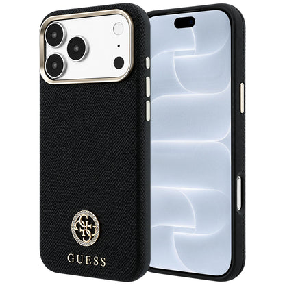 Ovitek MagSafe za Apple iPhone 18 Pro / 17 Pro, Guess, zrnast okrogel logotip iz strasa, črn