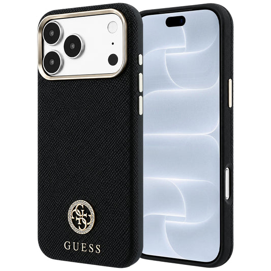 Ovitek MagSafe za Apple iPhone 18 Pro / 17 Pro, Guess, zrnast okrogel logotip iz strasa, črn