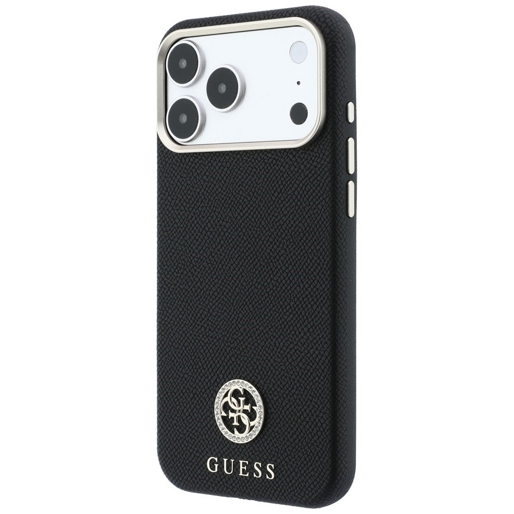 Ovitek MagSafe za Apple iPhone 18 Pro / 17 Pro, Guess, zrnast okrogel logotip iz strasa, črn