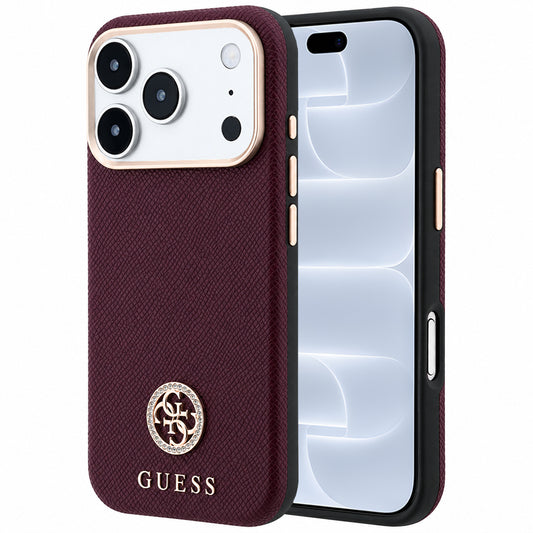 Ovitek MagSafe za Apple iPhone 18 Pro / 17 Pro, Guess, zrnast okrogel logotip iz strass kamnov, bordo
