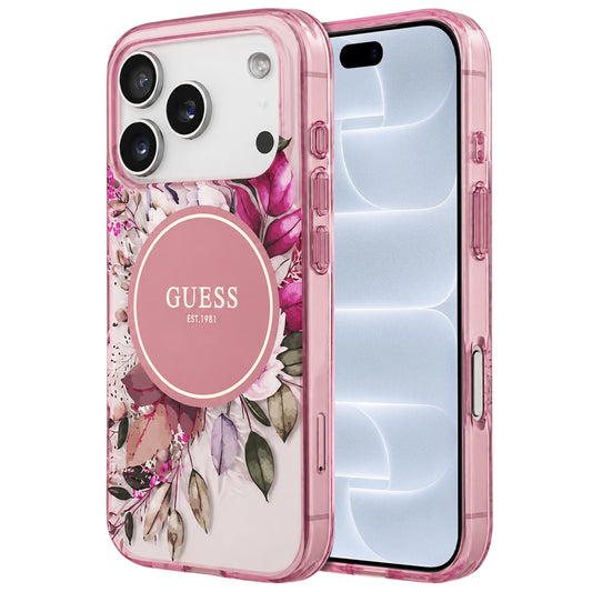 MagSafe ovitek za Apple iPhone 18 Pro / 17 Pro, Guess, IML Flower & Tonal Circle, rožnat