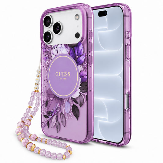 MagSafe ovitek za Apple iPhone 18 Pro / 17 Pro, Guess, IML Flowers with Pearl Strap, vijoličen