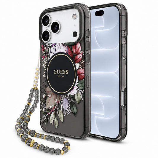 MagSafe ovitek za Apple iPhone 18 Pro / 17 Pro, Guess, IML Flowers with Pearl Strap, črn