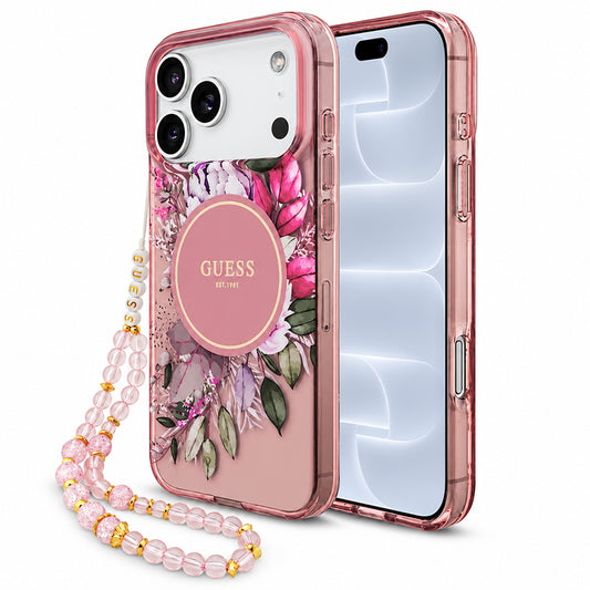 MagSafe ovitek za Apple iPhone 18 Pro / 17 Pro, Guess, IML Flowers with Pearl Strap, roza