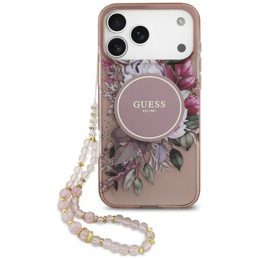 MagSafe ovitek za Apple iPhone 18 Pro / 17 Pro, Guess, IML Flowers with Pearl Strap, roza
