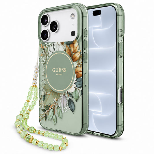 MagSafe ovitek za Apple iPhone 18 Pro / 17 Pro, Guess, IML Flowers with Pearl Strap, zelenega barvnega odtenka