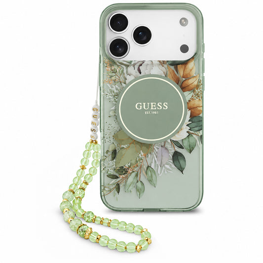 MagSafe ovitek za Apple iPhone 18 Pro / 17 Pro, Guess, IML Flowers with Pearl Strap, zelenega barvnega odtenka