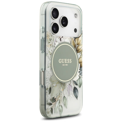 MagSafe ovitek za Apple iPhone 18 Pro / 17 Pro, Guess, IML Flowers with Pearl Strap, zelenega barvnega odtenka