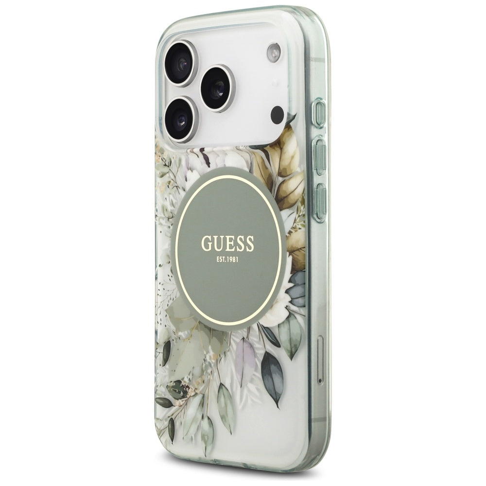 MagSafe ovitek za Apple iPhone 18 Pro / 17 Pro, Guess, IML Flowers with Pearl Strap, zelenega barvnega odtenka