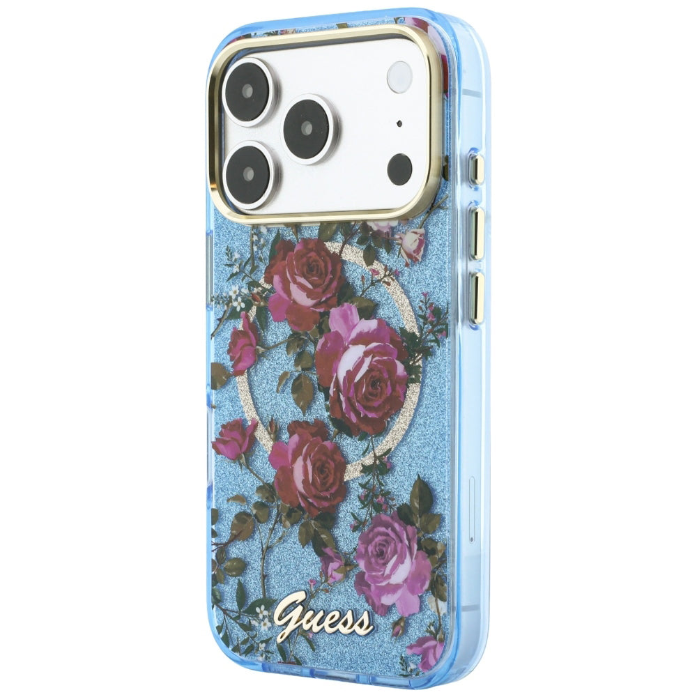 MagSafe ovitek za Apple iPhone 18 Pro / 17 Pro, Guess, IML Glitter Blossom Roses, Bleu