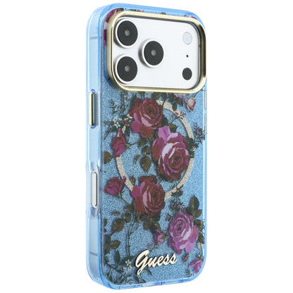 MagSafe ovitek za Apple iPhone 18 Pro / 17 Pro, Guess, IML Glitter Blossom Roses, Bleu