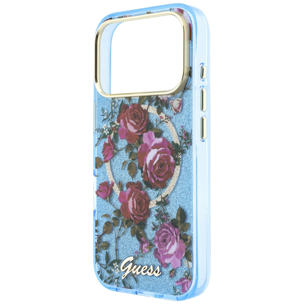 MagSafe ovitek za Apple iPhone 18 Pro / 17 Pro, Guess, IML Glitter Blossom Roses, Bleu