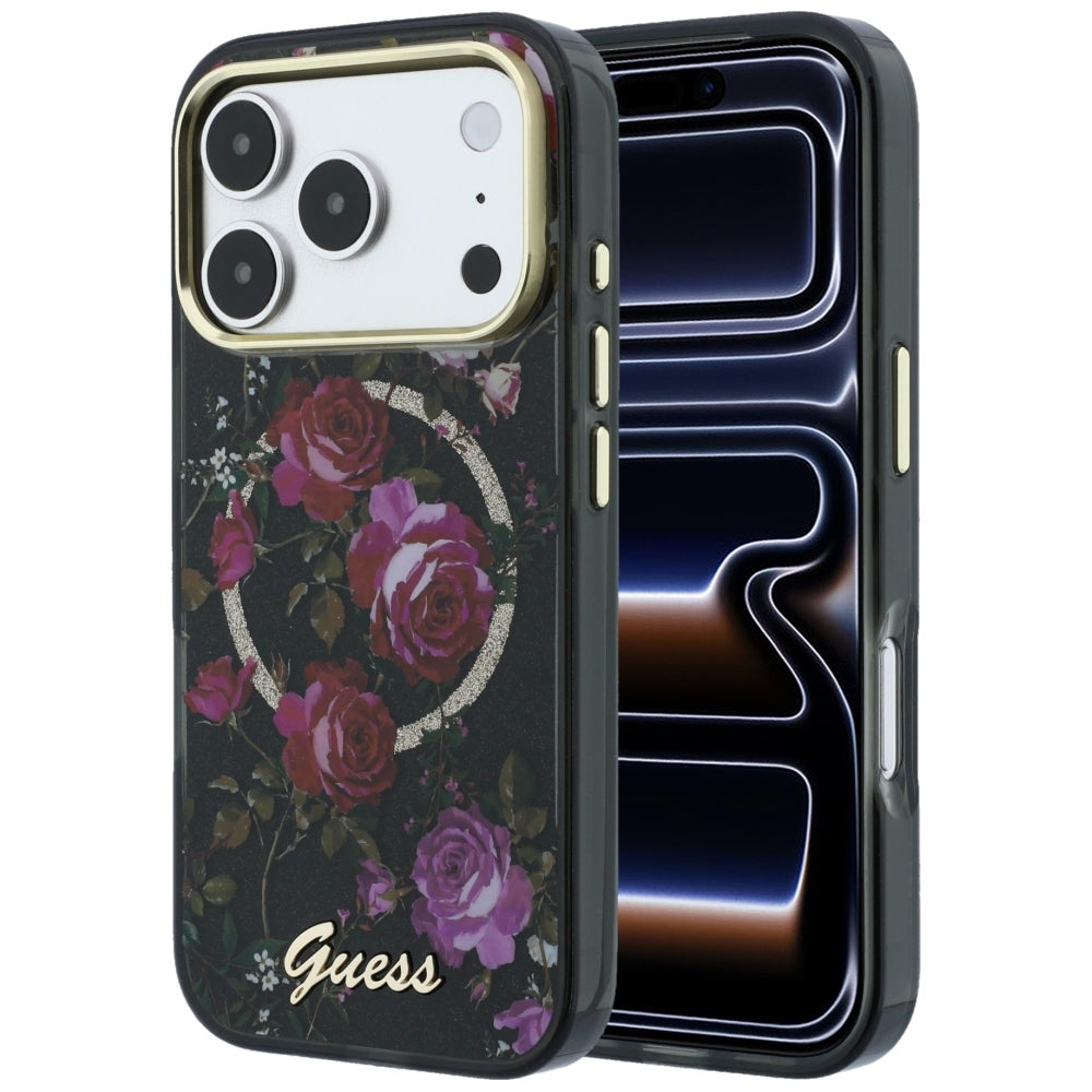 MagSafe ovitek za Apple iPhone 18 Pro / 17 Pro, Guess, IML Glitter Blossom Roses, Črn