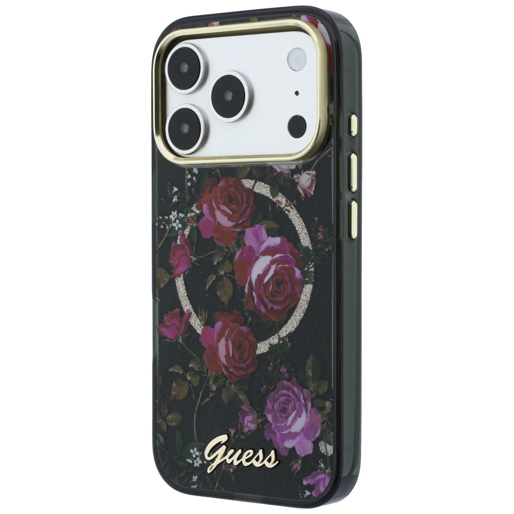 MagSafe ovitek za Apple iPhone 18 Pro / 17 Pro, Guess, IML Glitter Blossom Roses, Črn