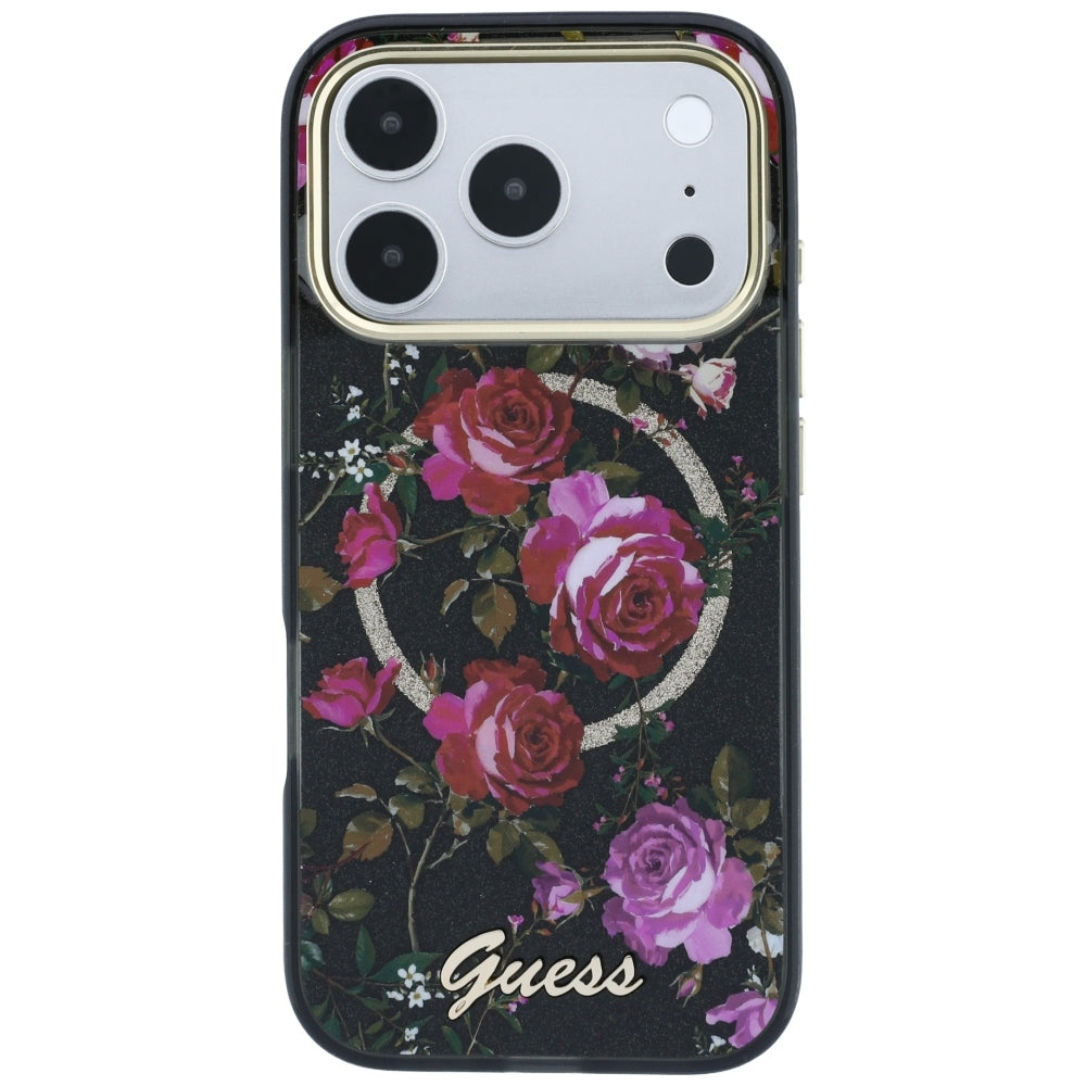 MagSafe ovitek za Apple iPhone 18 Pro / 17 Pro, Guess, IML Glitter Blossom Roses, Črn