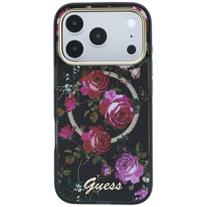 MagSafe ovitek za Apple iPhone 18 Pro / 17 Pro, Guess, IML Glitter Blossom Roses, Črn