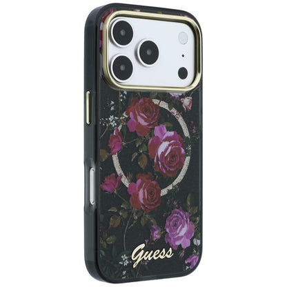 MagSafe ovitek za Apple iPhone 18 Pro / 17 Pro, Guess, IML Glitter Blossom Roses, Črn