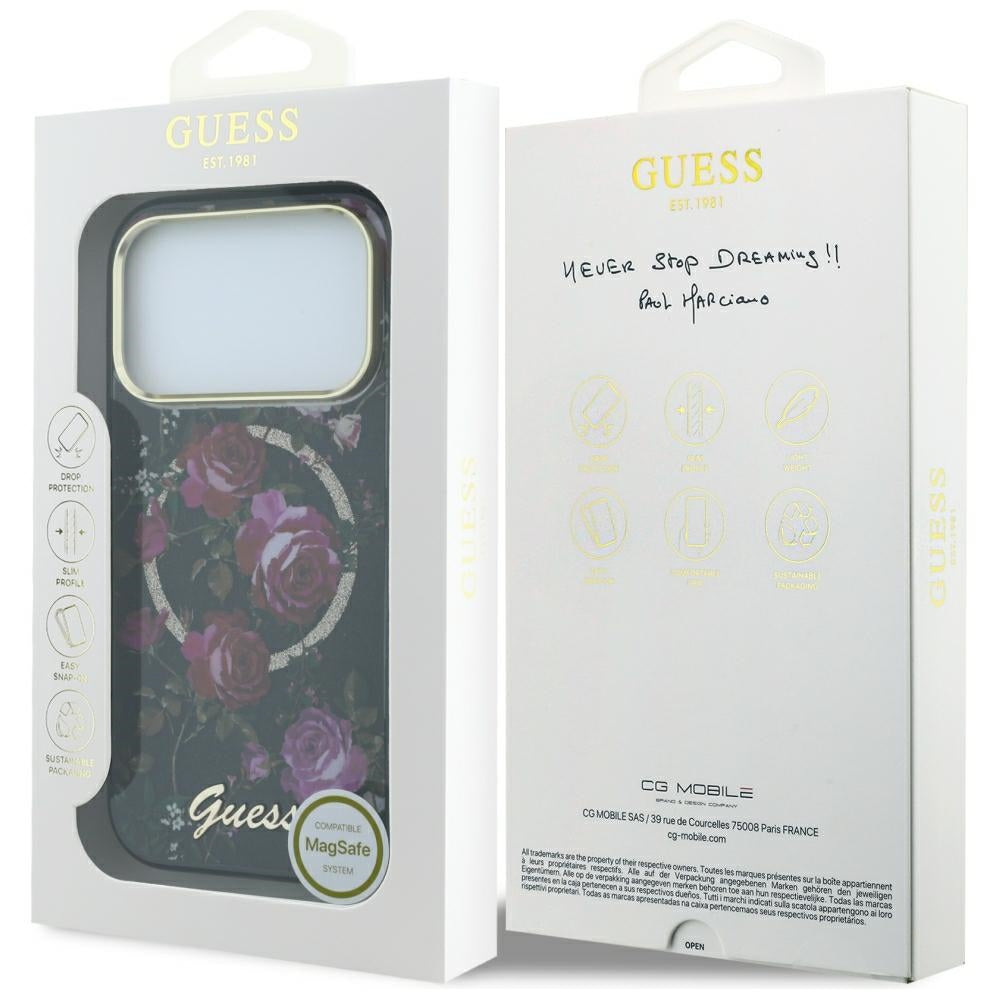 MagSafe ovitek za Apple iPhone 18 Pro / 17 Pro, Guess, IML Glitter Blossom Roses, Črn