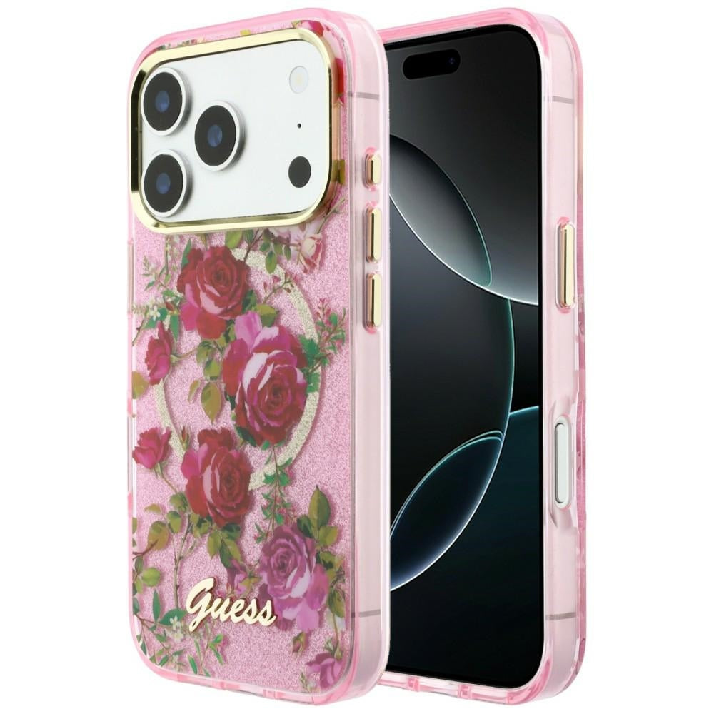MagSafe ovitek za Apple iPhone 18 Pro / 17 Pro, Guess, IML Glitter Blossom Roses, roza