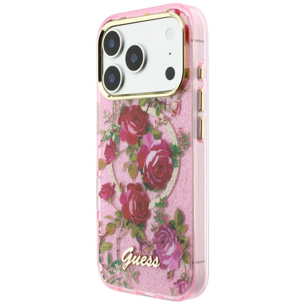 MagSafe ovitek za Apple iPhone 18 Pro / 17 Pro, Guess, IML Glitter Blossom Roses, roza