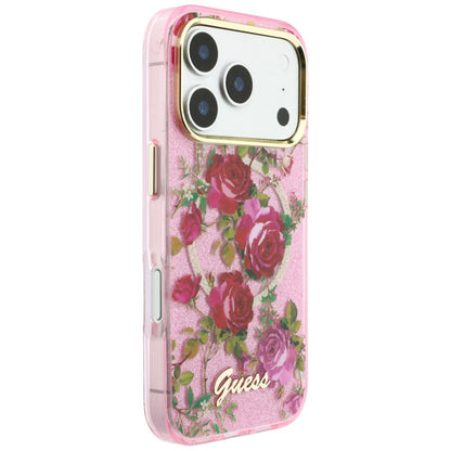 MagSafe ovitek za Apple iPhone 18 Pro / 17 Pro, Guess, IML Glitter Blossom Roses, roza