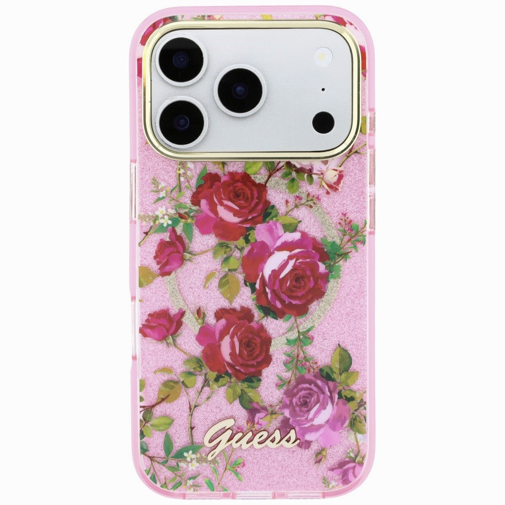 MagSafe ovitek za Apple iPhone 18 Pro / 17 Pro, Guess, IML Glitter Blossom Roses, roza