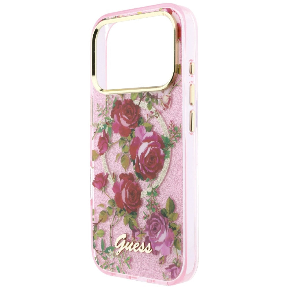 MagSafe ovitek za Apple iPhone 18 Pro / 17 Pro, Guess, IML Glitter Blossom Roses, roza
