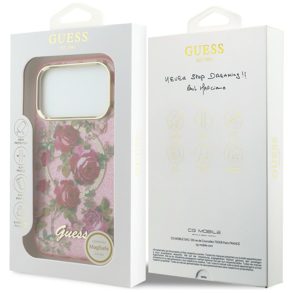 MagSafe ovitek za Apple iPhone 18 Pro / 17 Pro, Guess, IML Glitter Blossom Roses, roza