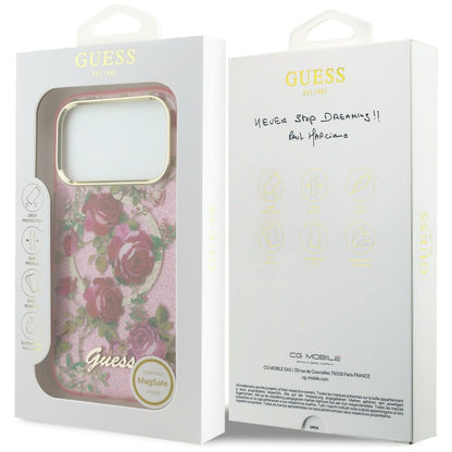 MagSafe ovitek za Apple iPhone 18 Pro / 17 Pro, Guess, IML Glitter Blossom Roses, roza