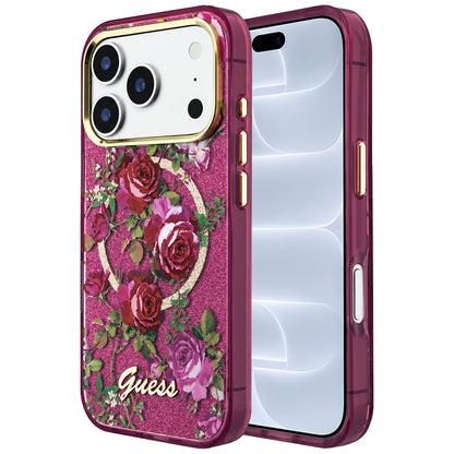MagSafe ovitek za Apple iPhone 18 Pro / 17 Pro, Guess, IML Glitter Blossom Roses, Vijoličen