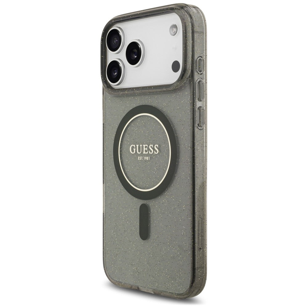 MagSafe ovitek za Apple iPhone 18 Pro / 17 Pro, Guess, IML Glitter with Pearl Strap, črn
