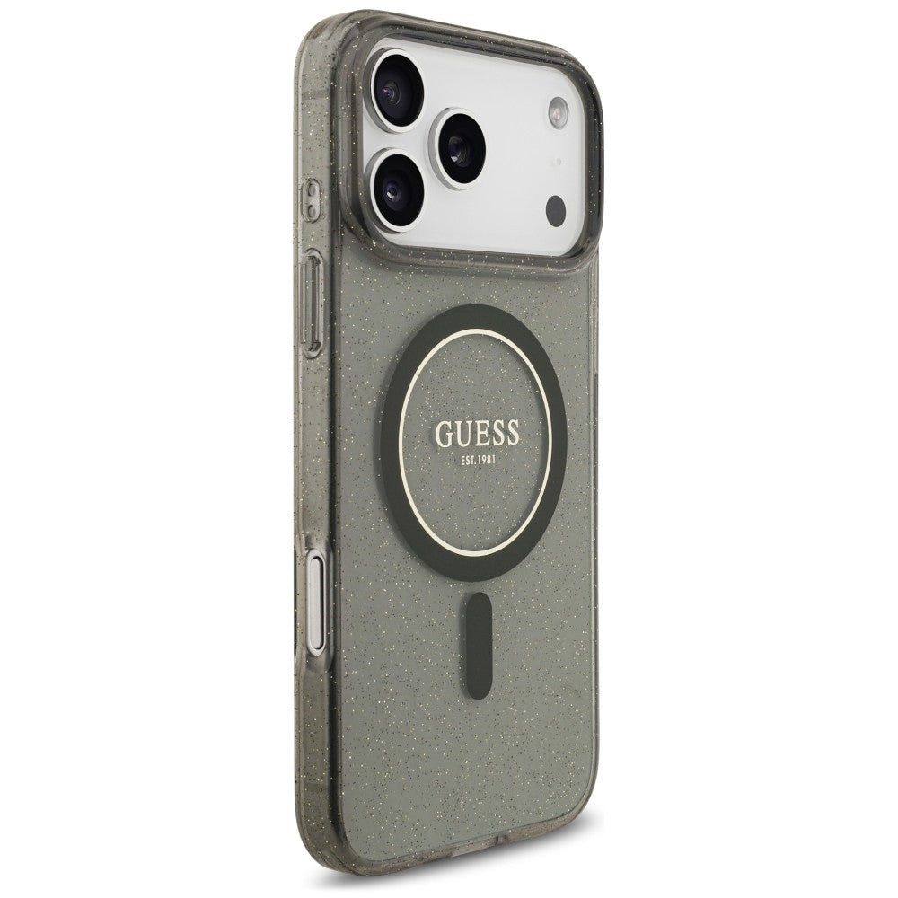 MagSafe ovitek za Apple iPhone 18 Pro / 17 Pro, Guess, IML Glitter with Pearl Strap, črn