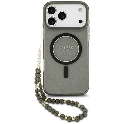 MagSafe ovitek za Apple iPhone 18 Pro / 17 Pro, Guess, IML Glitter with Pearl Strap, črn