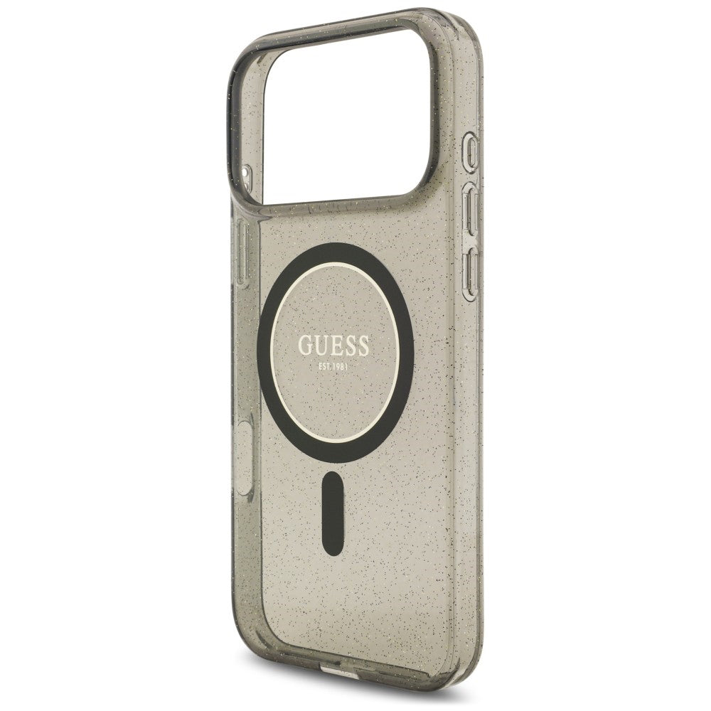 MagSafe ovitek za Apple iPhone 18 Pro / 17 Pro, Guess, IML Glitter with Pearl Strap, črn