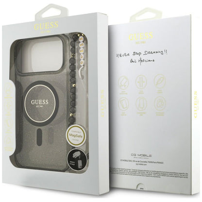 MagSafe ovitek za Apple iPhone 18 Pro / 17 Pro, Guess, IML Glitter with Pearl Strap, črn