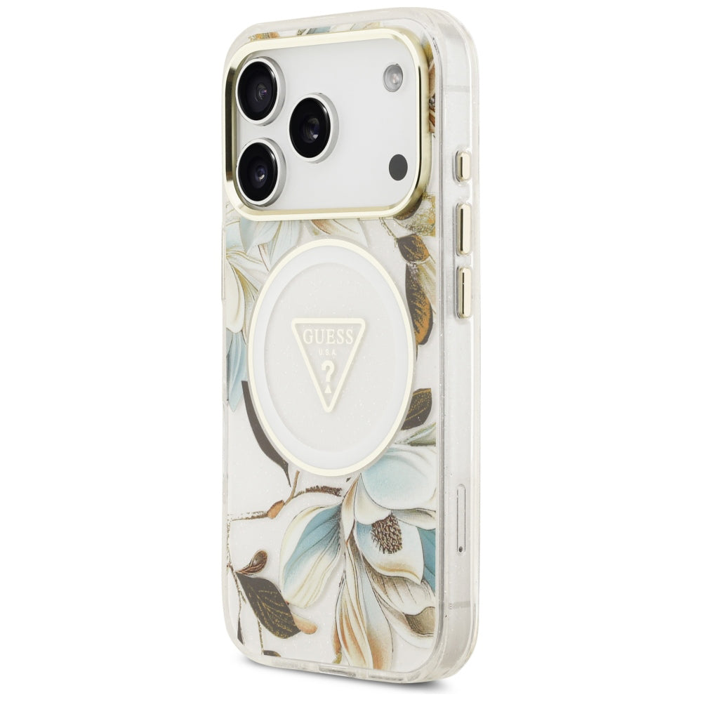 MagSafe ovitek za Apple iPhone 18 Pro / 17 Pro, Guess, IML Metal Glitter Flowers Triangle, Bela