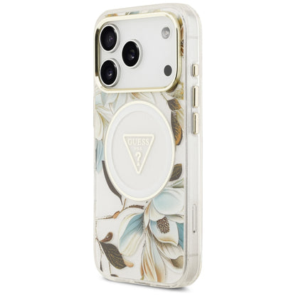 MagSafe ovitek za Apple iPhone 18 Pro / 17 Pro, Guess, IML Metal Glitter Flowers Triangle, Bela