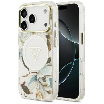 MagSafe ovitek za Apple iPhone 18 Pro / 17 Pro, Guess, IML Metal Glitter Flowers Triangle, Bela