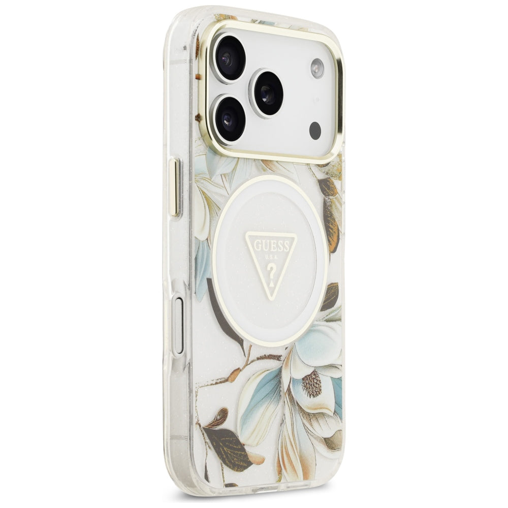 MagSafe ovitek za Apple iPhone 18 Pro / 17 Pro, Guess, IML Metal Glitter Flowers Triangle, Bela