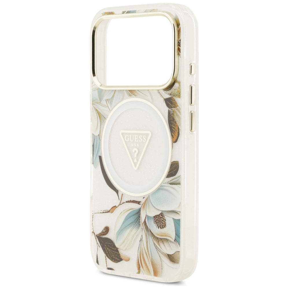 MagSafe ovitek za Apple iPhone 18 Pro / 17 Pro, Guess, IML Metal Glitter Flowers Triangle, Bela