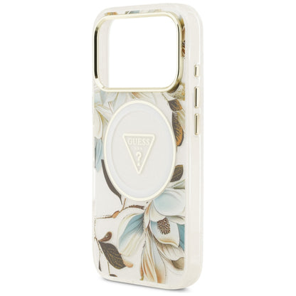 MagSafe ovitek za Apple iPhone 18 Pro / 17 Pro, Guess, IML Metal Glitter Flowers Triangle, Bela