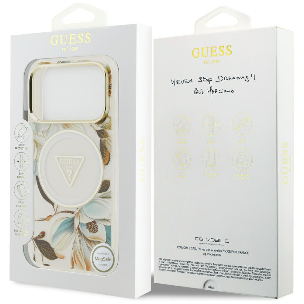MagSafe ovitek za Apple iPhone 18 Pro / 17 Pro, Guess, IML Metal Glitter Flowers Triangle, Bela