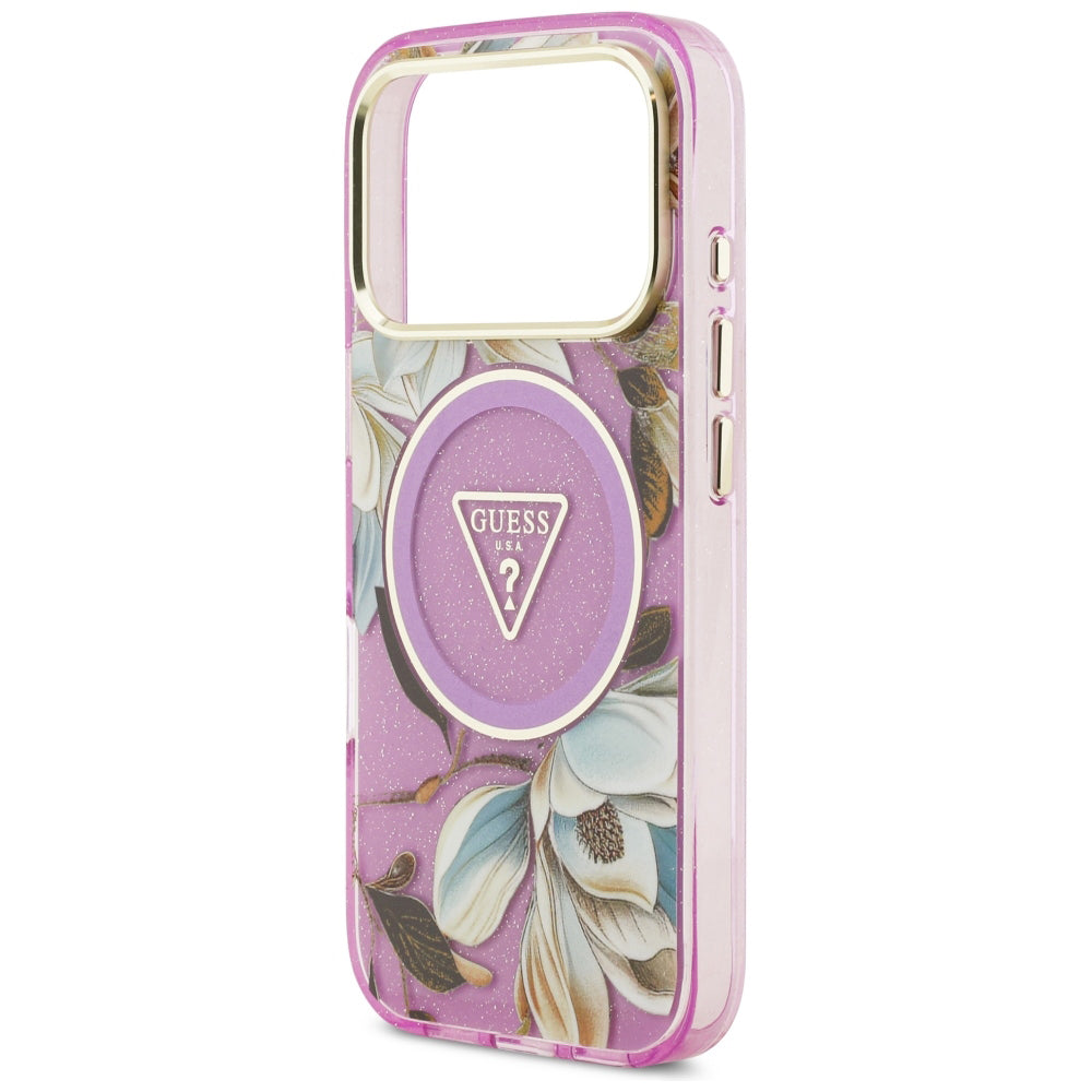 Ovitek MagSafe za Apple iPhone 18 Pro / 17 Pro, Guess, IML Metal Glitter Flowers Triangle, Vijoličen