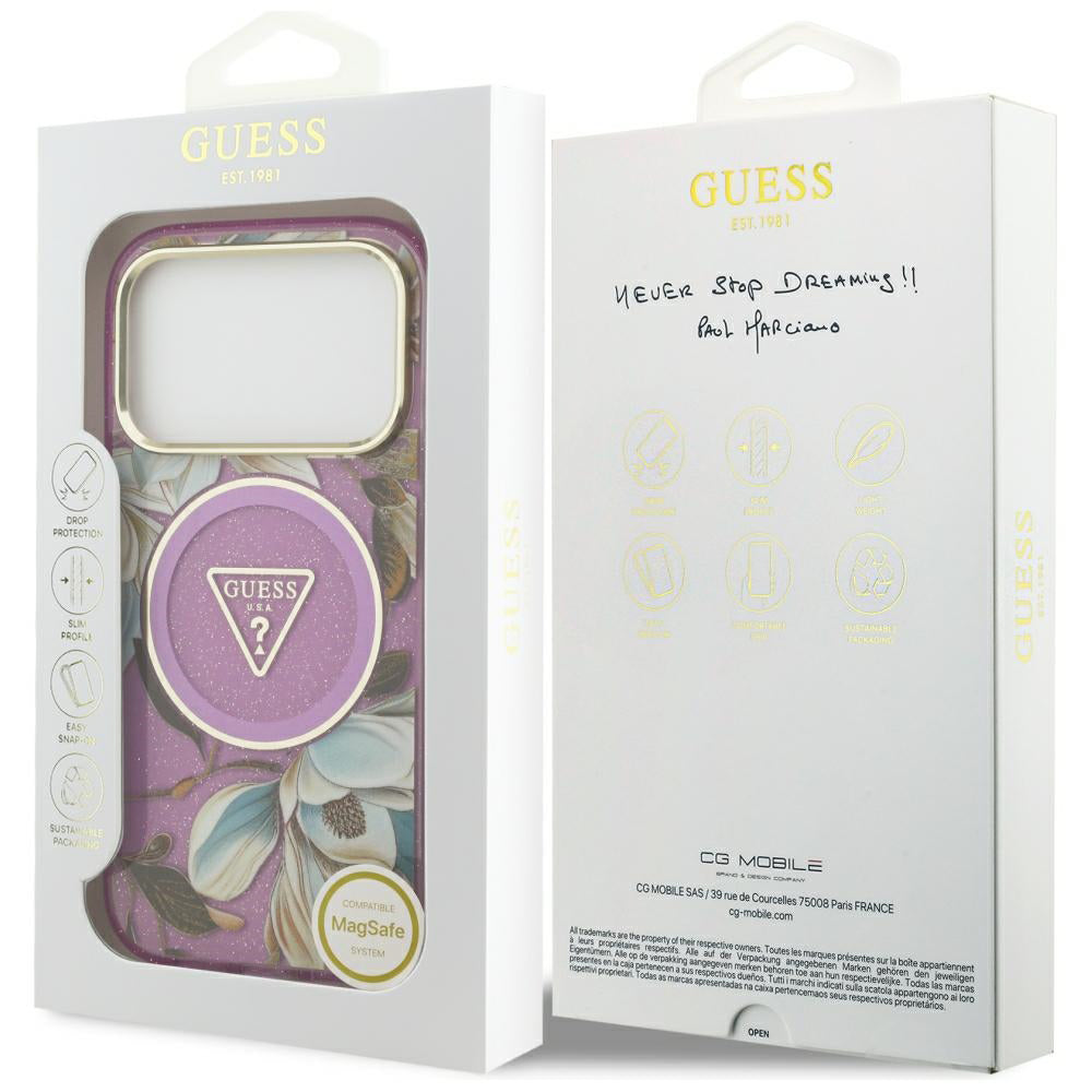Ovitek MagSafe za Apple iPhone 18 Pro / 17 Pro, Guess, IML Metal Glitter Flowers Triangle, Vijoličen