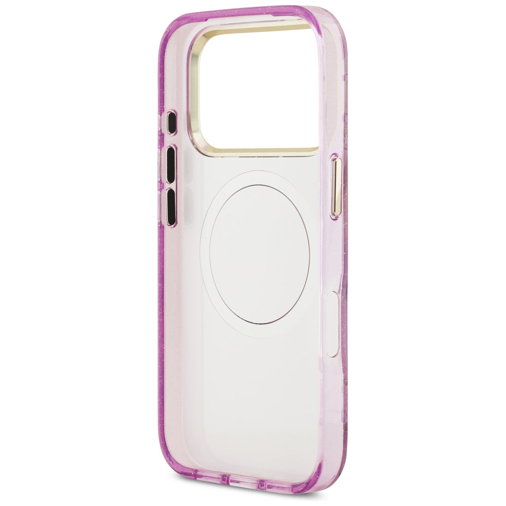 Ovitek MagSafe za Apple iPhone 18 Pro / 17 Pro, Guess, IML Metal Glitter Flowers Triangle, Vijoličen